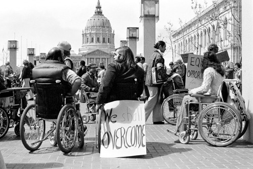 In 1977, disability rights activists in San Francisco held a rally in support of Section 504, and then streamed into the Health, Education and Welfare building, where they stayed for 25 days.