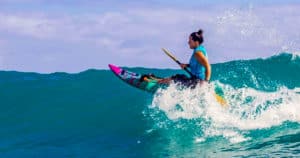 Alana Nichols competes in the Duke’s Oceanfest contest on her wave ski in Oahu, Hawaii.