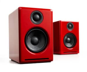 AudioEngine speakers come in fire-engine red.