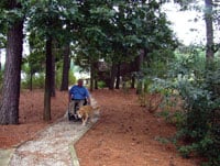 Gordon Mansfield and his dog, Lucky, roll down the accessible path from their house to their dock on the Chesapeake Bay.
