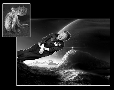 Top left: Hawking’s first wife waits for his return to their planet. Right: Artist’s rendition of Hawking in the zero gravity of his native land.