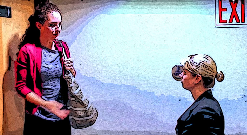 illustration of two woman in talking, one in wheelchair