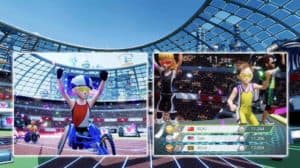 Paralympics video game screen shot shows animated stadium with wheelchair race and amputee sprinter holding arms in air
