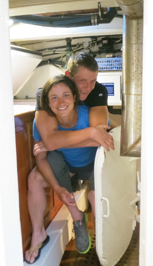 Kelly piggy-backs Seth on an old sailing ship in California. This is how the couple accesses many otherwise inaccessible sites.