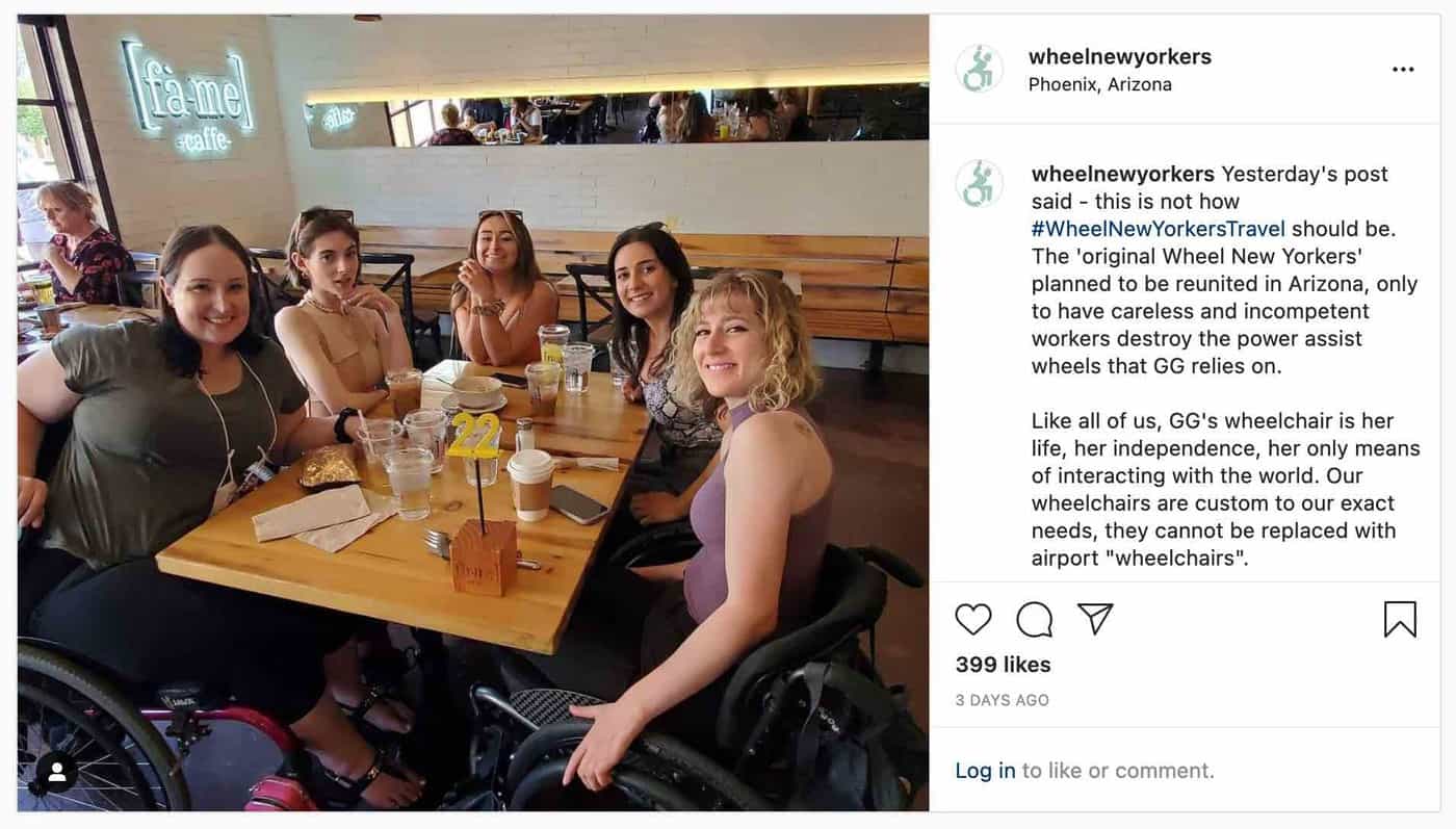 An airline-damaged wheelchair didn't keep this group of women from having fun. 