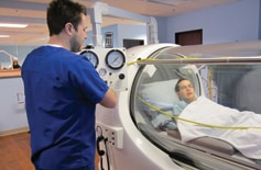Oxygen-rich hyperbaric chambers are often used at Encompass Healthcare to “jump-start” the  healing process with difficult wounds.
