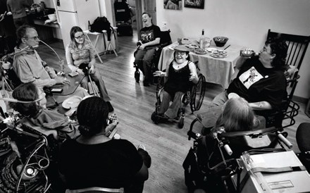 "What I miss most about the Bay Area is being able to be with this many disabled people in the same space, no need to talk about Disability 101," says Stevens. This party was hosted by John Kelly, and many of the attendees were in town to do post-doc work.