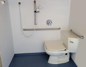 This shower bench doubles as a toilet. 