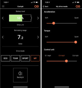 Screenshots from the app, above, show information like battery level and remaining range, as well as acceleration and torque settings.