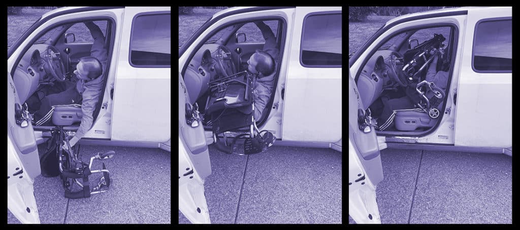 three side by side images of a man pulling a manual wheelchair into his car. 