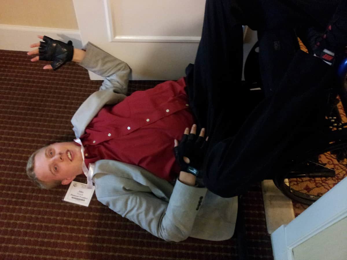 Sometimes the easiest way to get back up is to stay in your chair, giving helpers something solid to leverage.