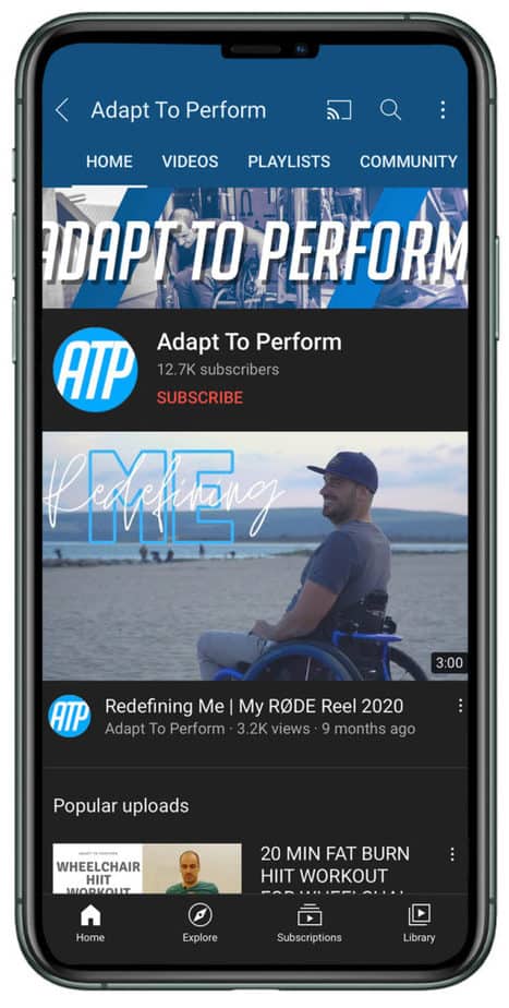 Cell phone showing accessible fitness app Adapt to Perform