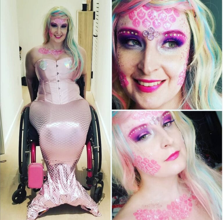 Lucy Richardson in glitter and pastel makeup wearing a  Halloween mermaid costume 