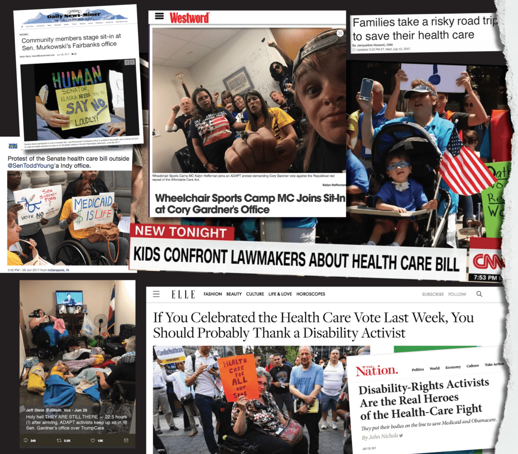 Collage of headlines from various sources throughout the years about disability rights.