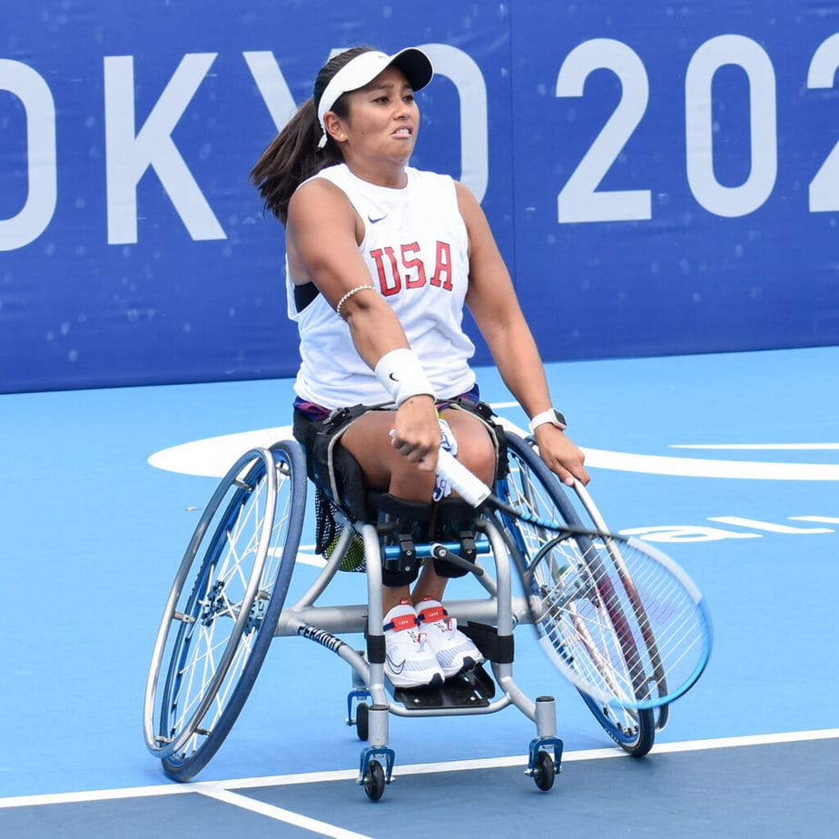 Shelby Baron playing tennis at Paralympics for Team USA