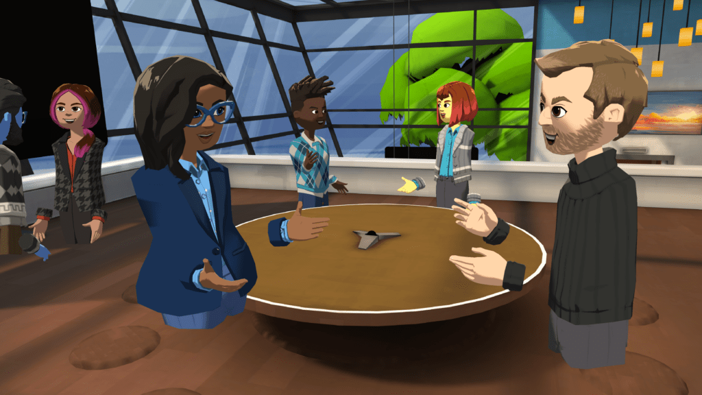 avatars around a table in a virtual space