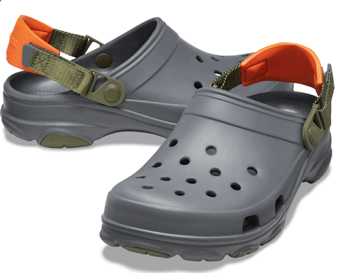 grey Crocs with orange back straps