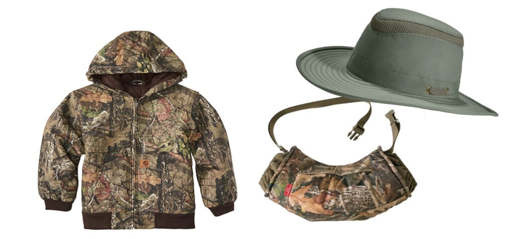 camo jacket, hand warner and green wide brim hat
