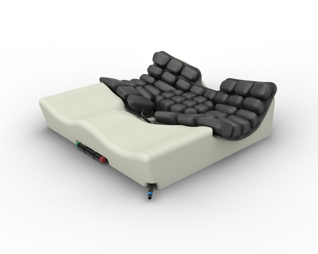 Hybrid select cushion with cover off. Show foam base, valve at front to lock air flow and mat of air cells at the rear. 