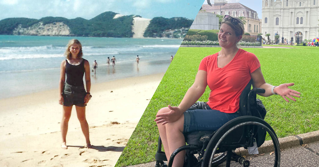 on left is woman standing on beach, om right is same woman sitting in wheelechair outdoors