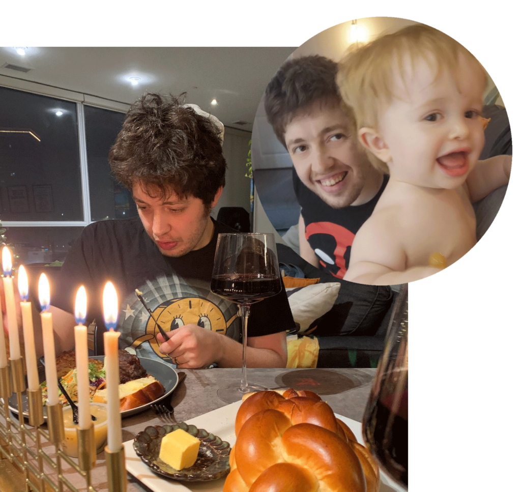Man at dinner table with menorah and wine, inset of same man with small baby