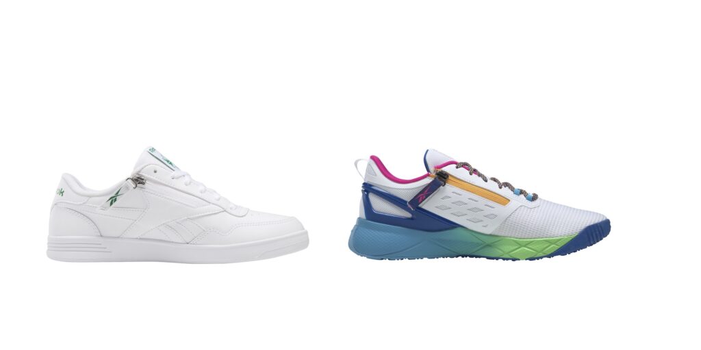 Side profile of two Reebok shoes, left is casual sneaker in white, right is sports trainer in white, blue, green and a yellow zipper.