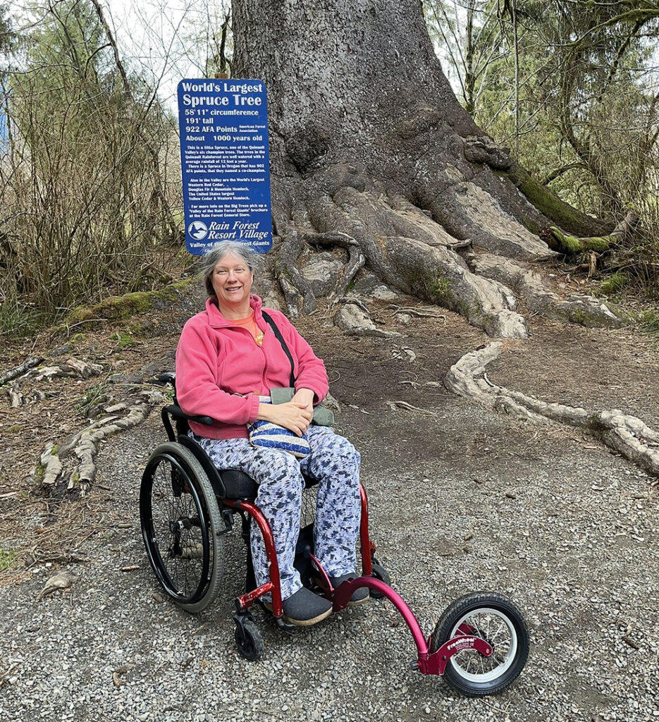 Woman in wheelchair on trail in front of the world's largest spruce tree
