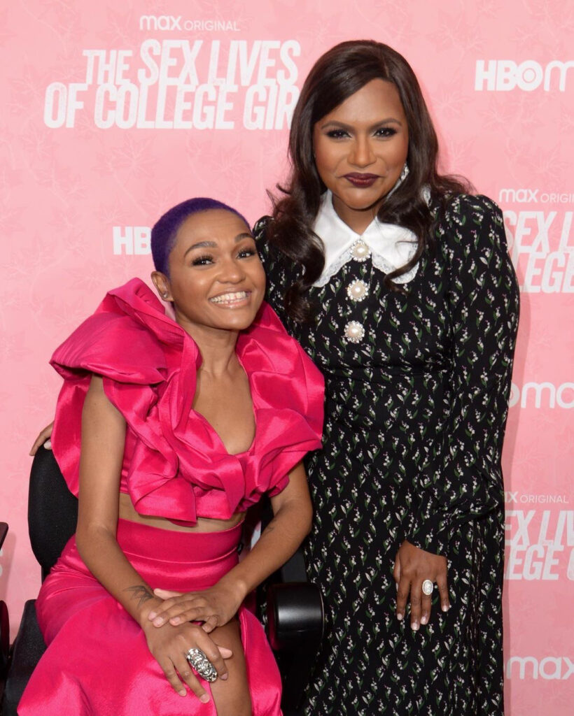 Red carpet photo of Spencer in hot pink gown with Mindy Kaling.