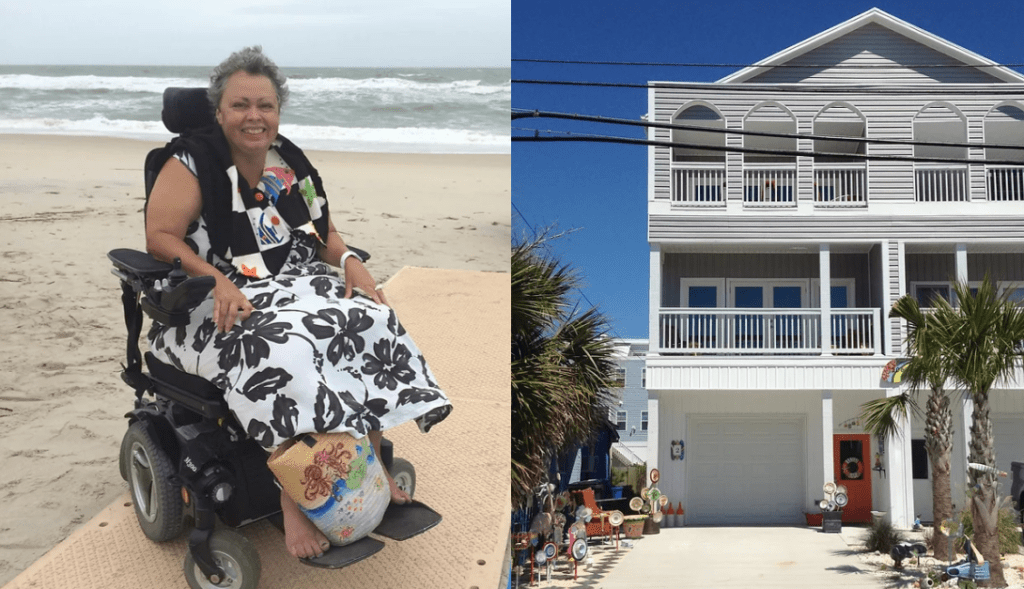 side by side images, woman sitting in power wheelchair on a beach mat, and a three story house with palm trees in front.