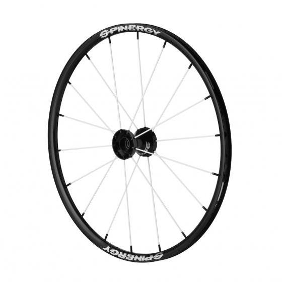 wheelchair wheel with black rims and hubs and white spokes.