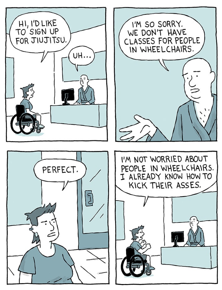 3x3 cartoon of man in wheelchair asking to sign up for jiujitsu class and being told there isn't one for people in wheelchairs 