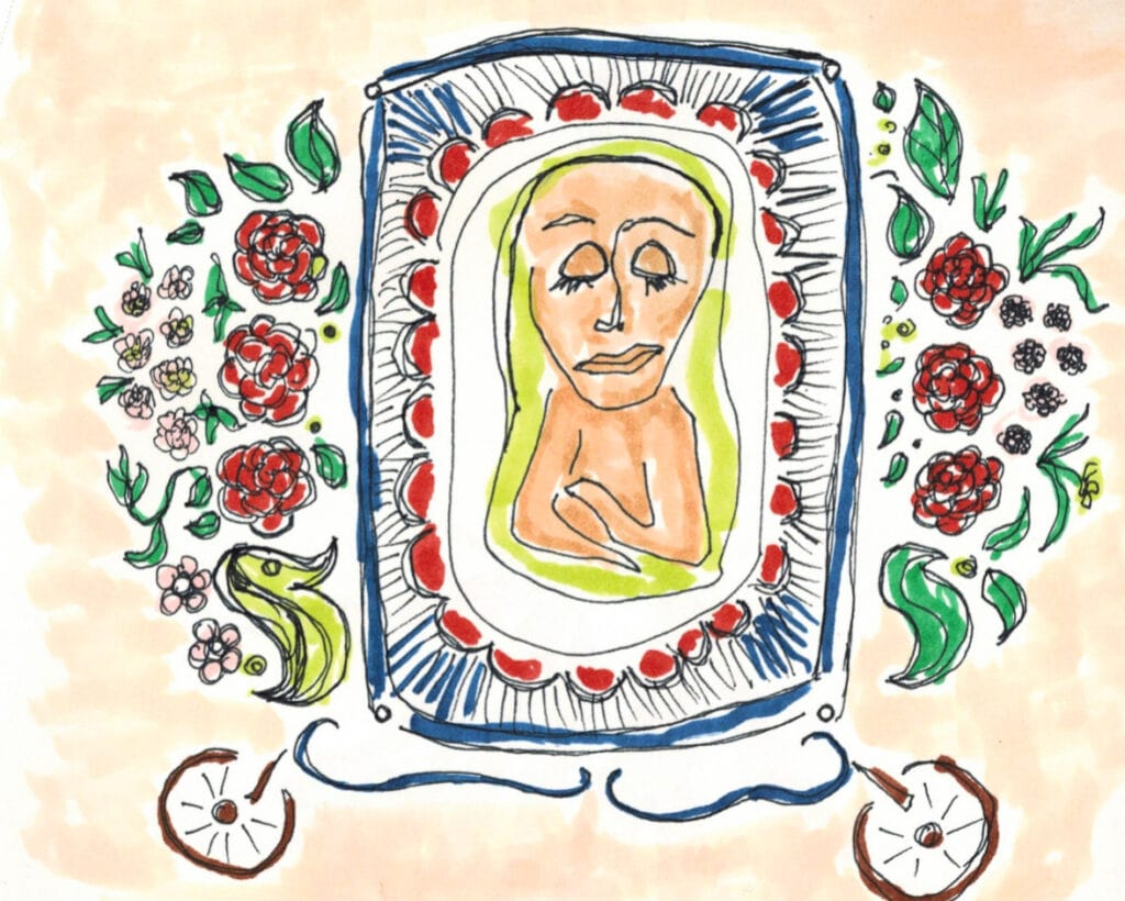 drawing of someone in a coffin surrounded by flowers