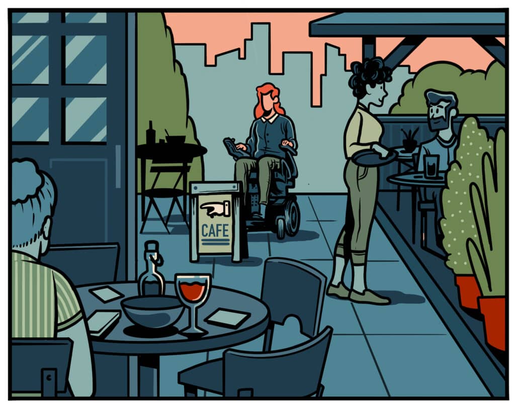 cartoon panel showing a wheelchair user entering an outdoor restaurant
