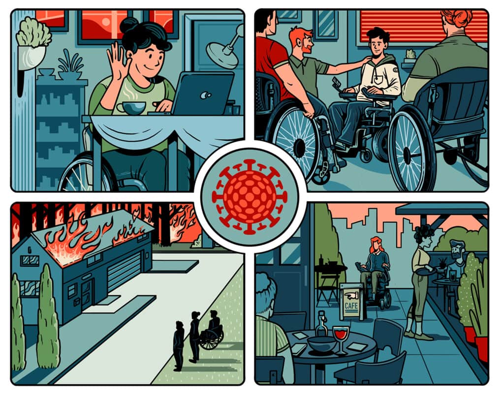 4 cartoon panels depicting a wheelchair user working on a laptop, talking with friends, entering a restaurant and watching a house burn