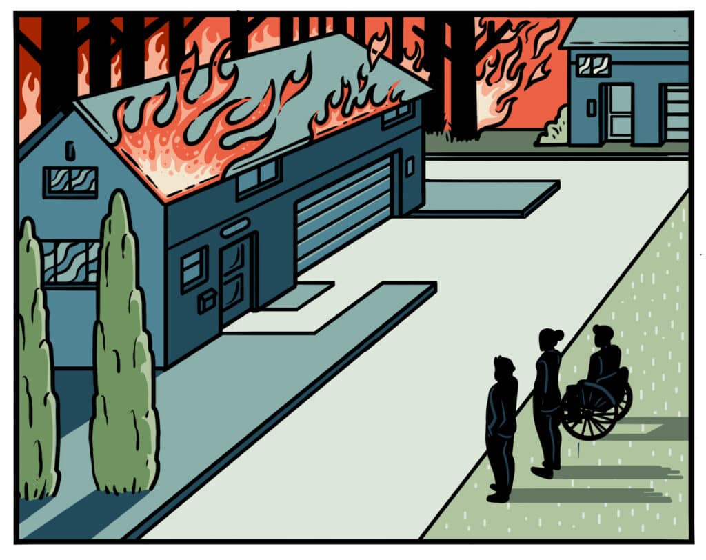 cartoon image of 3 people, one in wheelchair, outside watching a house burn.
