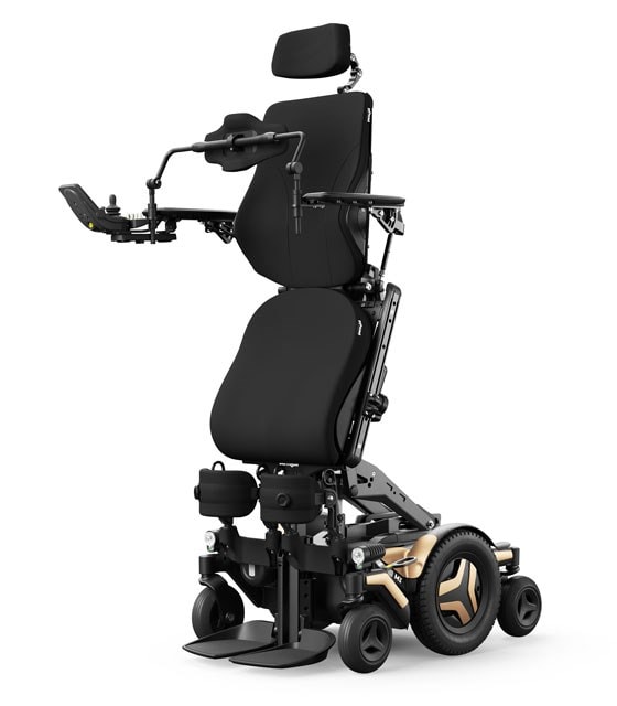 Permobil M Corpus power wheelchair product photo, with seating base elevated into standing position.