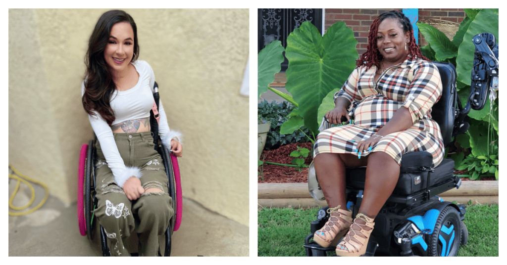 Side-by-side images.. On left white woman with long brown using manual wheelchair and looking at the camera. On right, Black woman with black and red dreadlocks using power wheelchair, looking at camera.