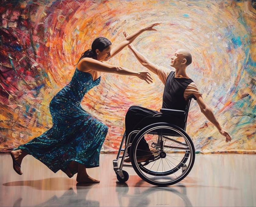 computer painting of male manual wheelchair user dancing with nondisabled woman