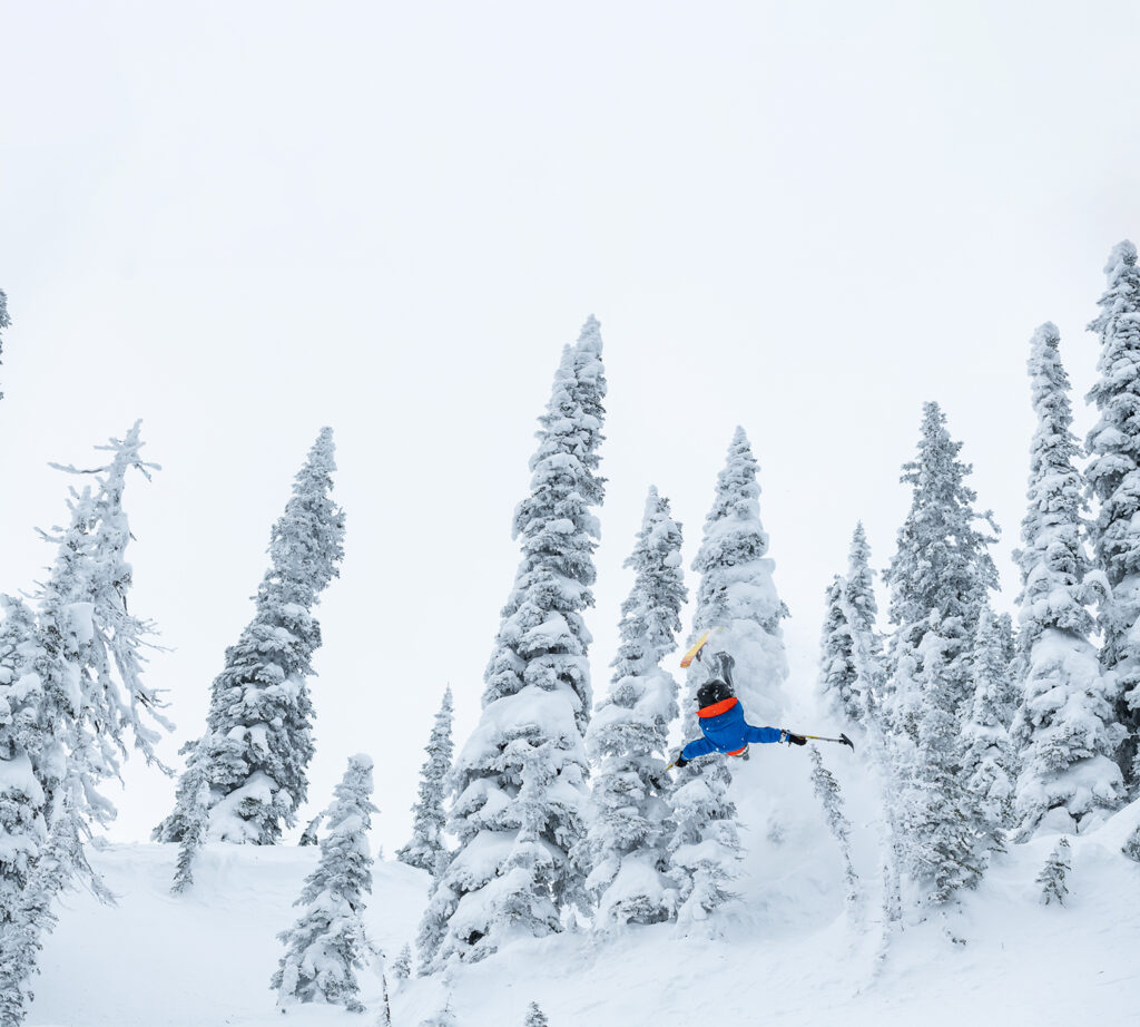 skier in air upside down during a flip. Snow covered trees in the background.