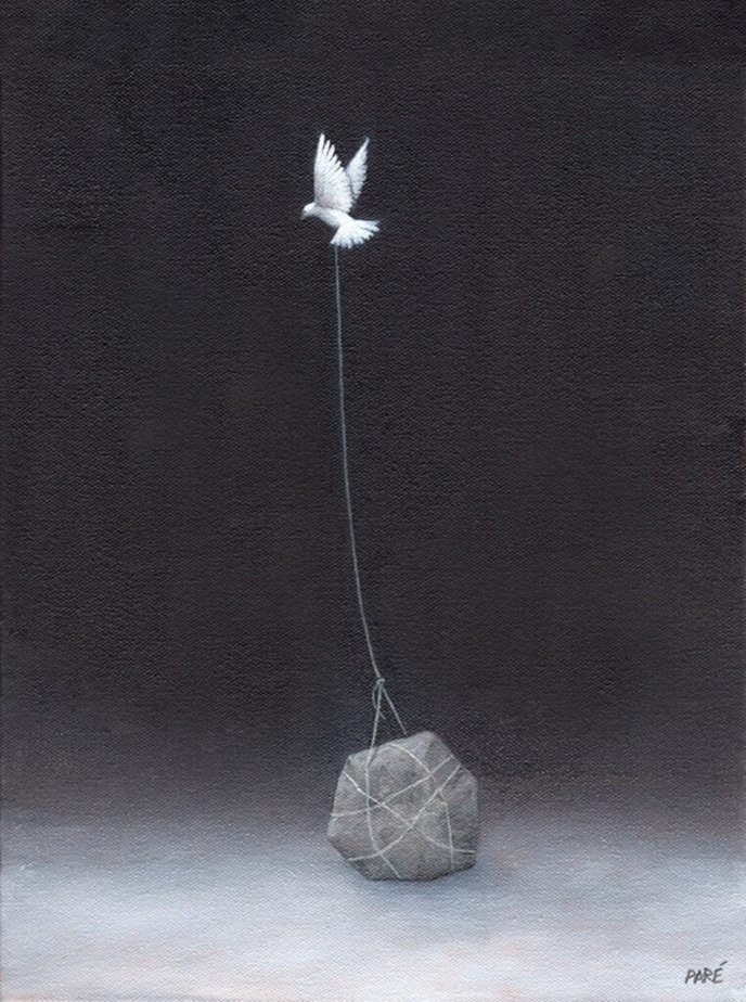 dove trying to lift a rock on a string