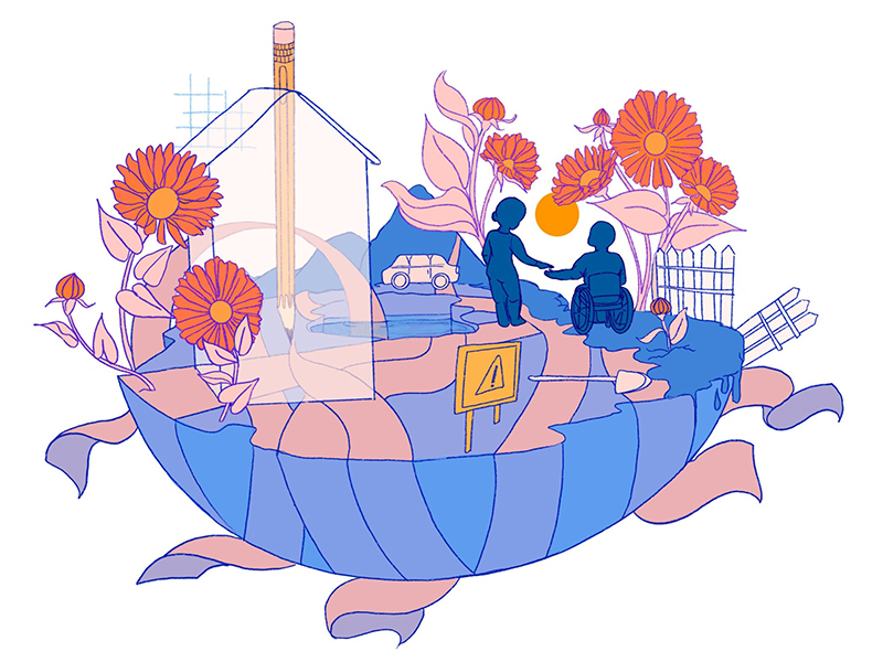 Illustration in whimsical style with wheelchair user holding hands with someone who is walking. They are on a path and there are flowers in the background.