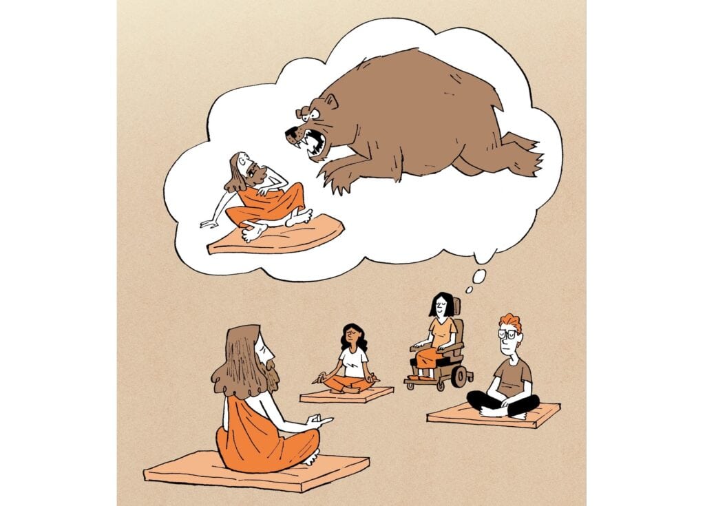 Cartoon drawing of people meditating in front of a guru. Woman using a power chair is visualizing a bear eating the guru while she meditates. 