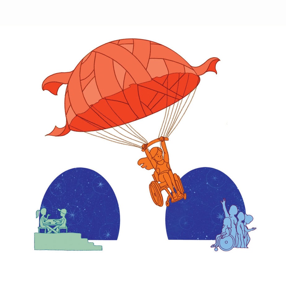 illustration of girl in wheelchair parachuting down to earth