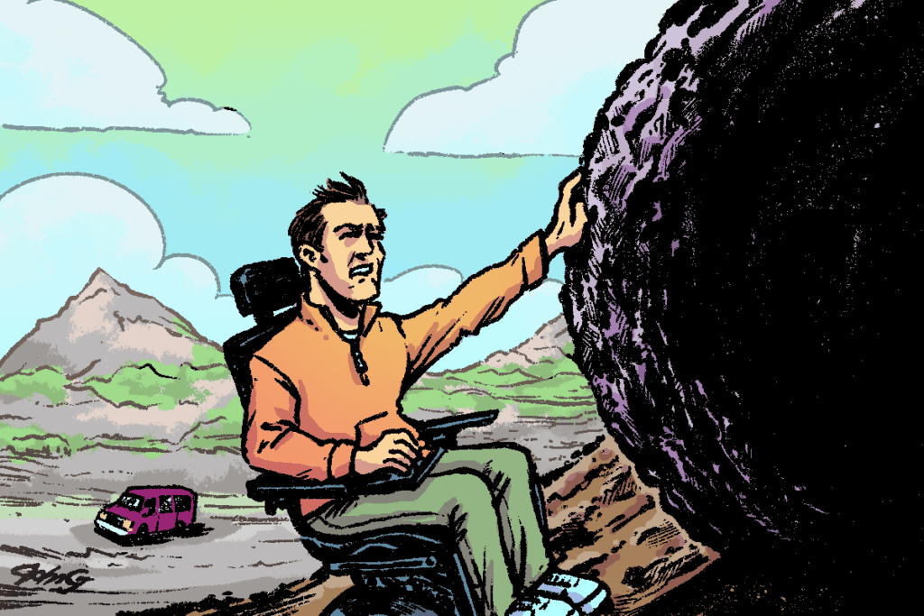Illustration of a white male power wheelchair user, wearing a quarter-zip fleece and looking frail, pushing a large boulder up a mountain with one hand.