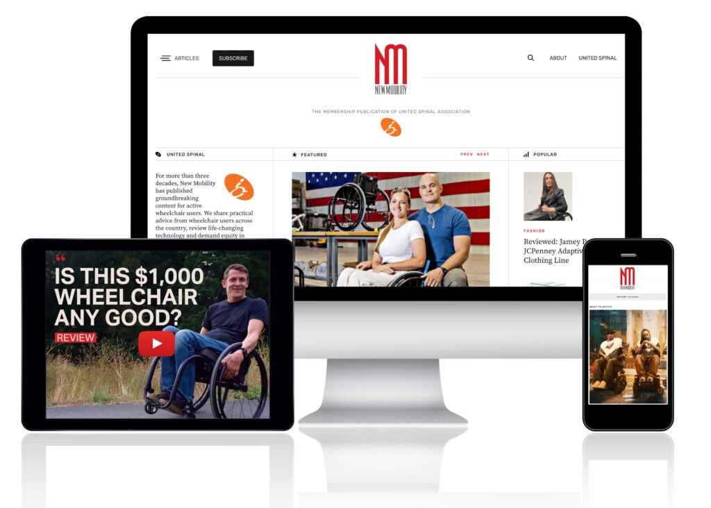 New Mobility digital and video content on computer monitor, tablet and smartphone.