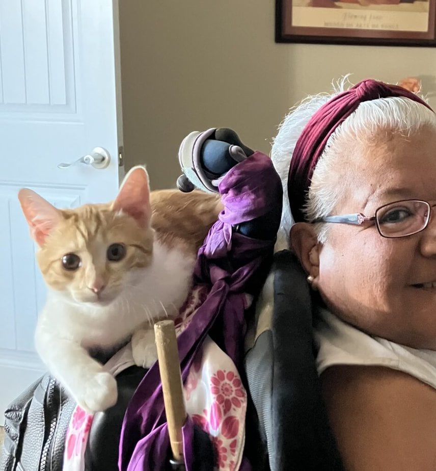 An orange and white cat perched on a power wheelchair backrest, next to a smiling,older woman. 