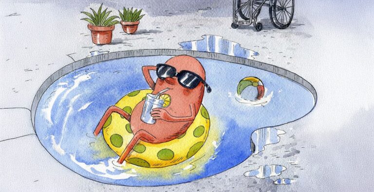 illustration of a kidney floating on a pool inner tube, sipping a drink.