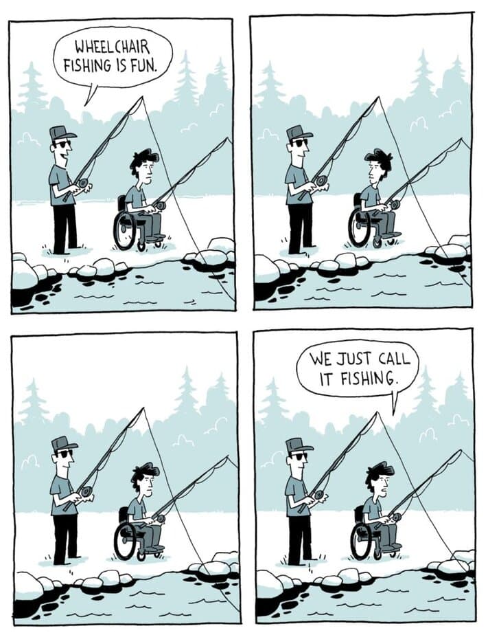 comic panel that shows two guys, one in a wheelchair and one standing, fishing at the edge of a lake. 