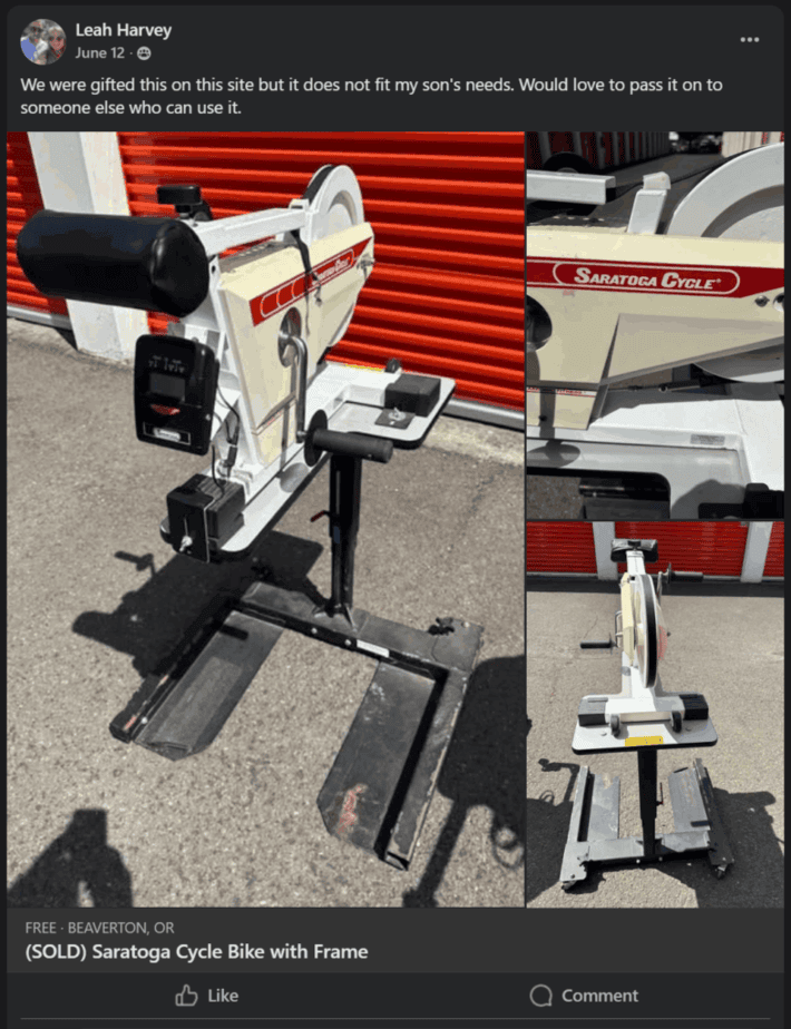 screenshot of a Facebook marketplace ad for a Saratoga cycle adaptive ergometer. 