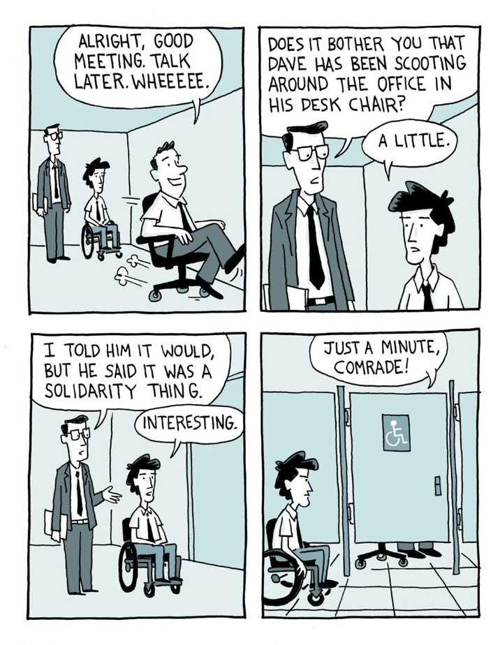 four panel comic featuring a wheelchair user in an office setting.